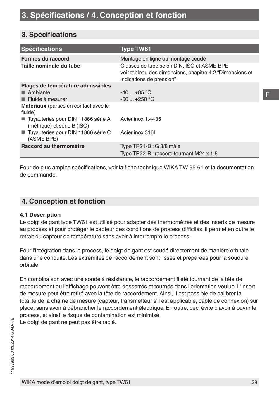 Spécifications / 4. conception et fonction, Spécifications, Conception et fonction | WIKA TW61 User Manual | Page 39 / 68