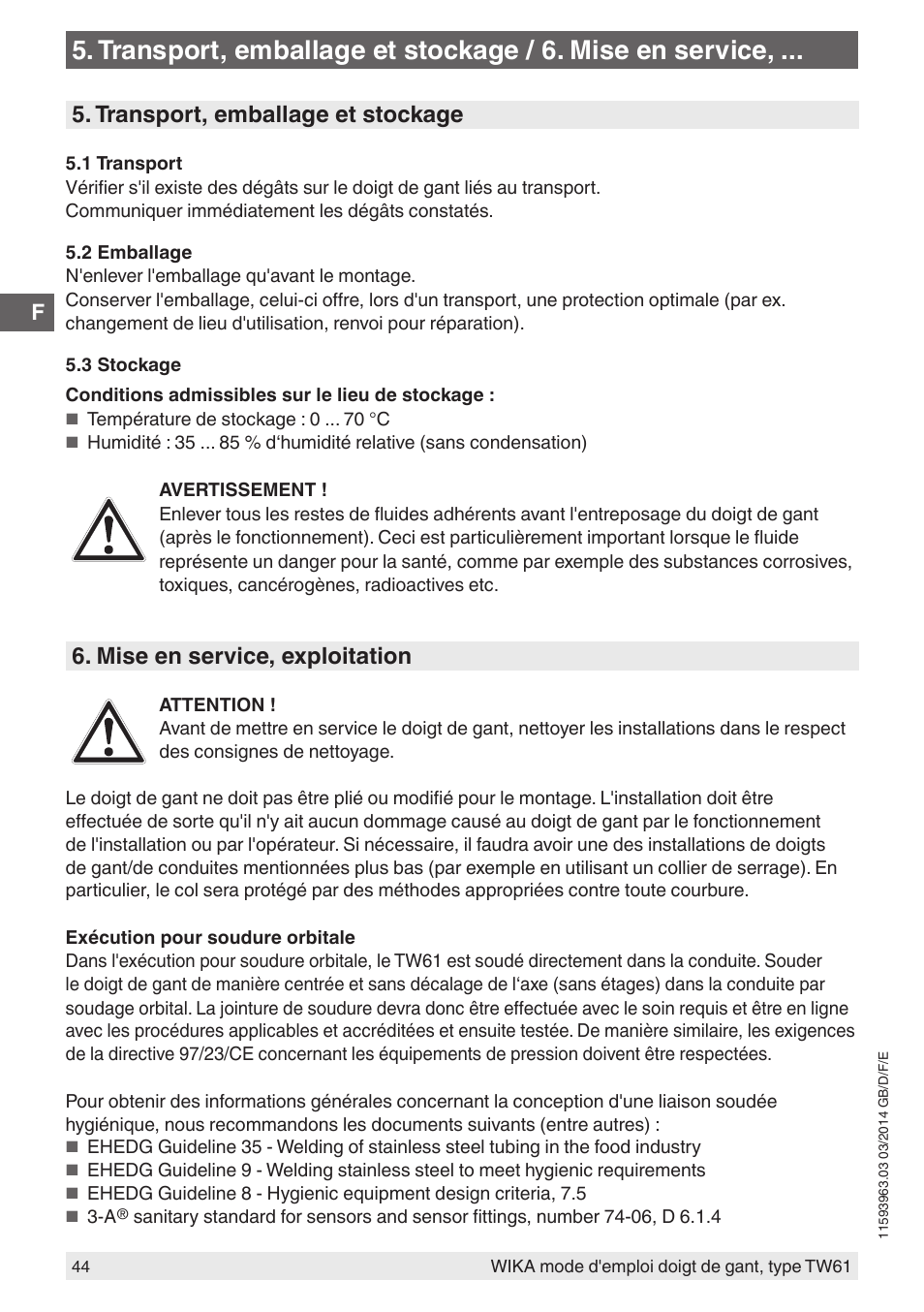 Transport, emballage et stockage, Mise en service, exploitation | WIKA TW61 User Manual | Page 44 / 68