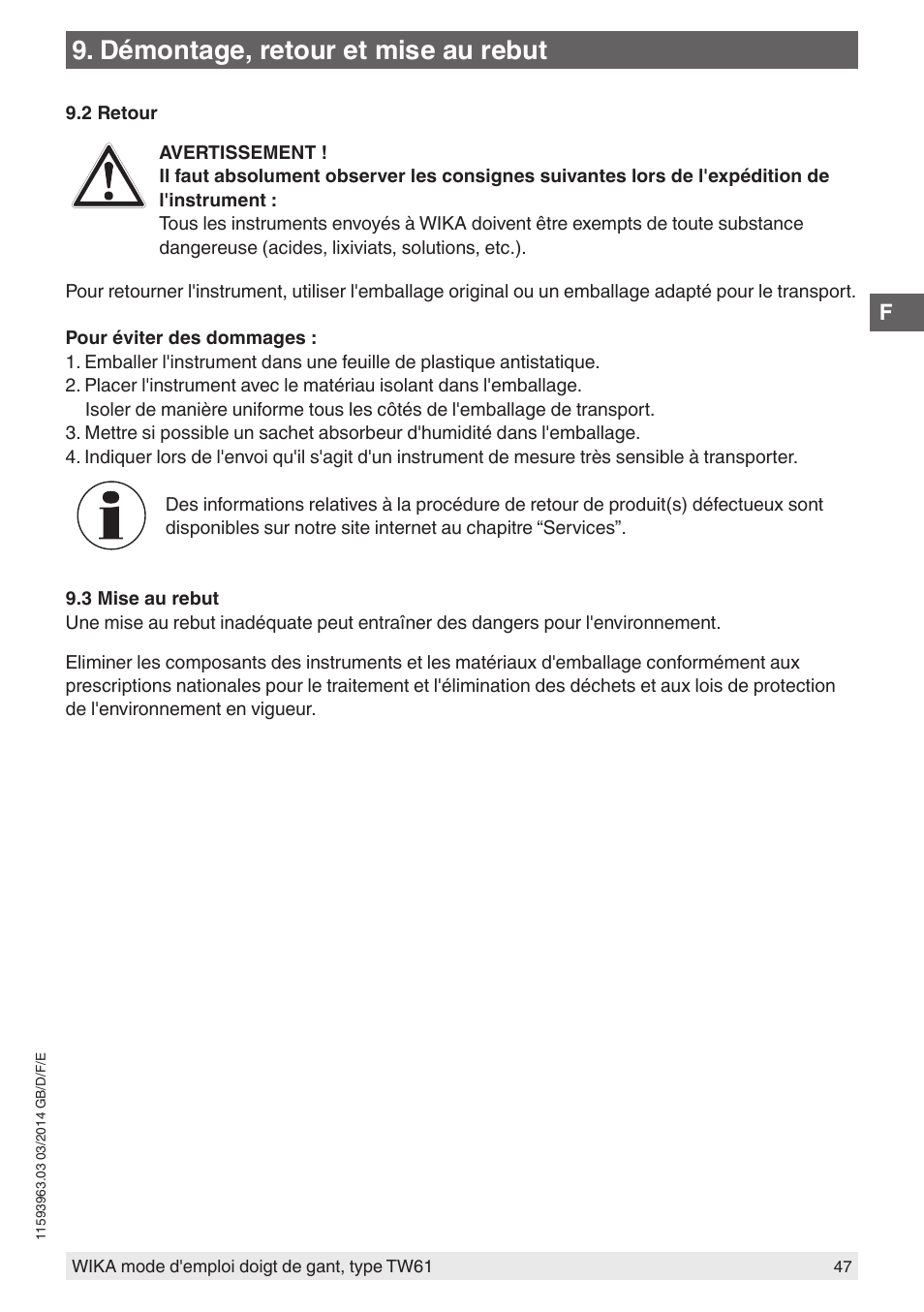 Démontage, retour et mise au rebut | WIKA TW61 User Manual | Page 47 / 68