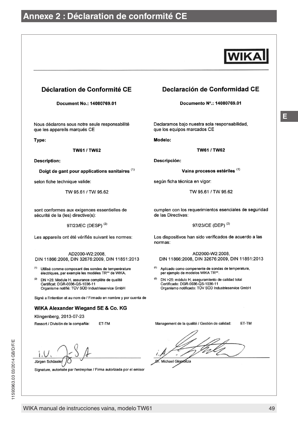 Annexe 2 : déclaration de conformité ce | WIKA TW61 User Manual | Page 49 / 68