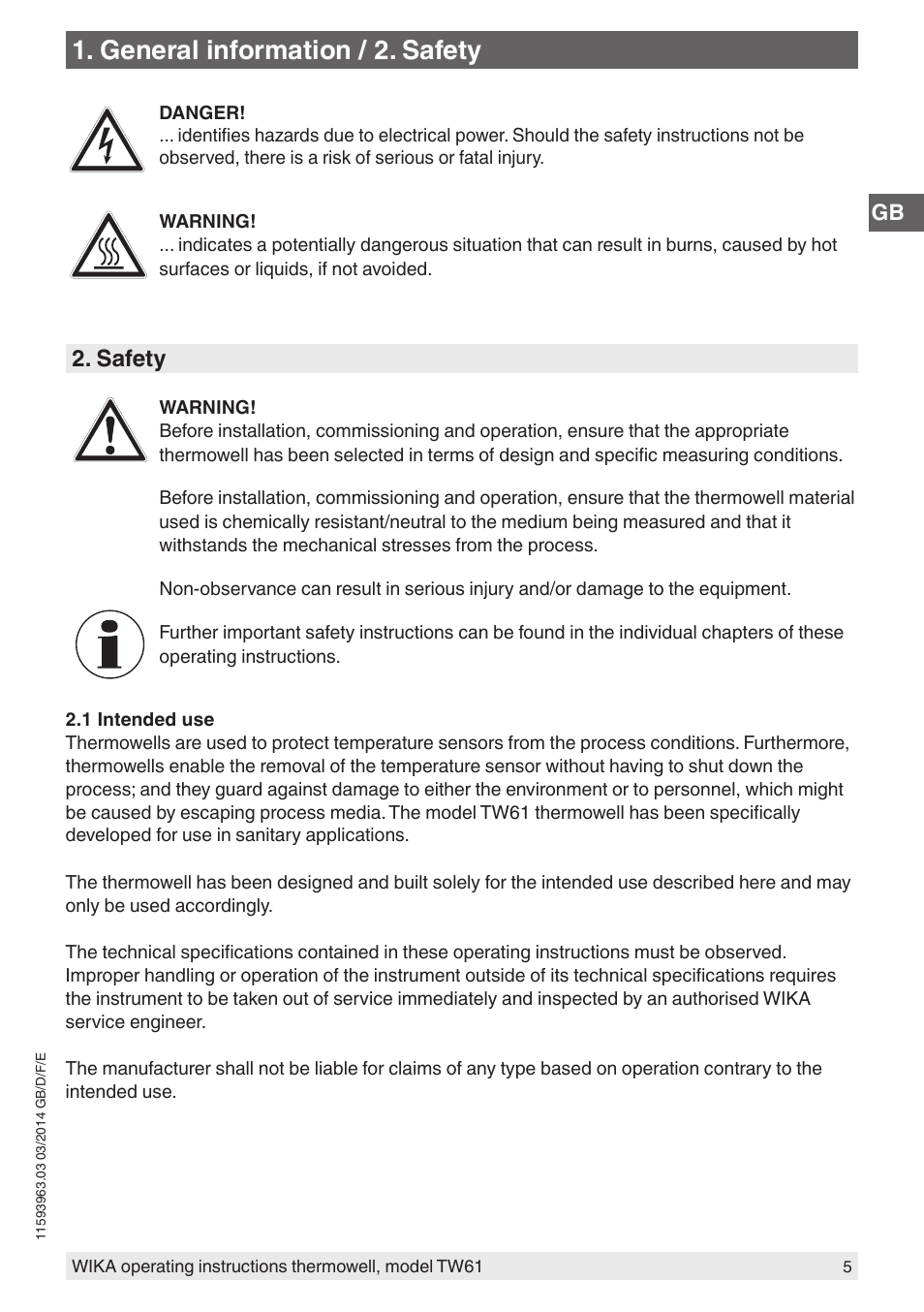 General information / 2. safety, Safety | WIKA TW61 User Manual | Page 5 / 68