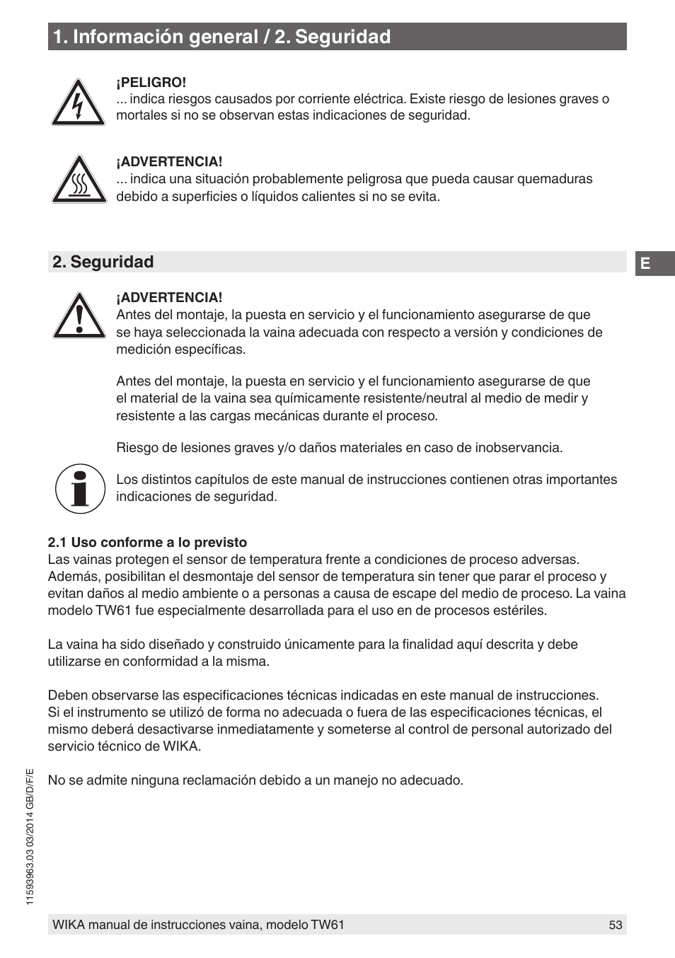 Información general / 2. seguridad, Seguridad | WIKA TW61 User Manual | Page 53 / 68