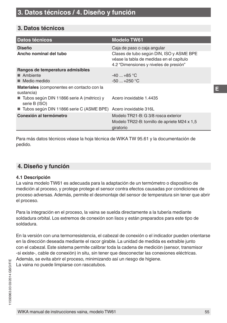 Datos técnicos / 4. diseño y función, Datos técnicos, Diseño y función | WIKA TW61 User Manual | Page 55 / 68