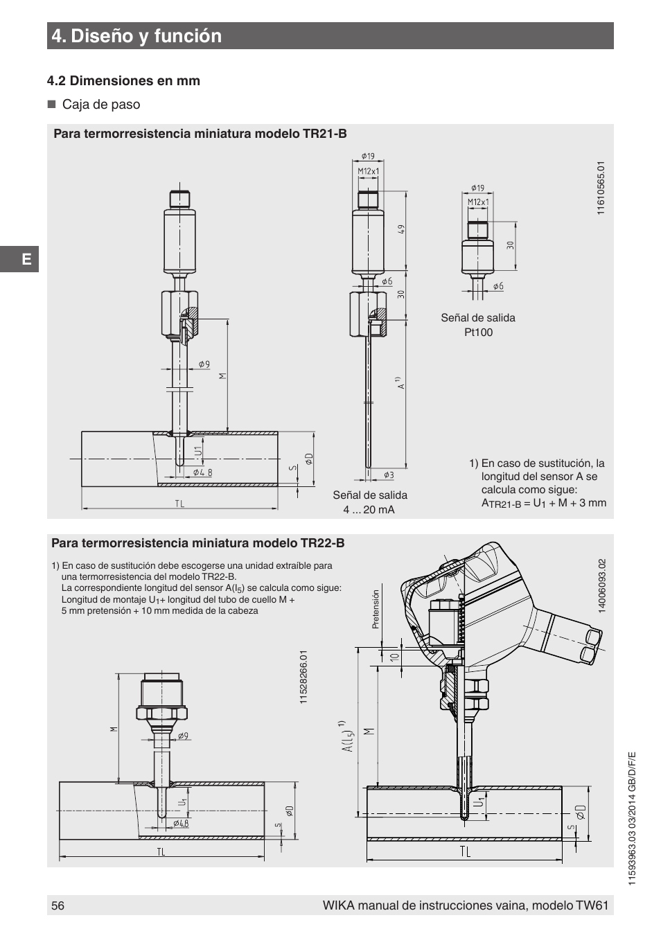 Diseño y función, 2 dimensiones en mm, Caja de paso | WIKA TW61 User Manual | Page 56 / 68