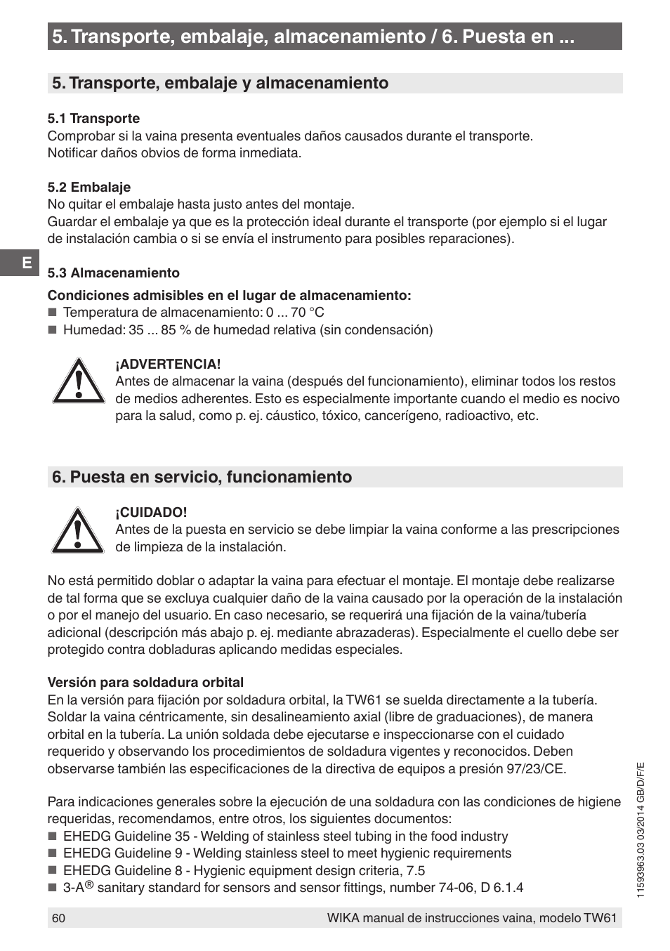 Transporte, embalaje y almacenamiento, Puesta en servicio, funcionamiento | WIKA TW61 User Manual | Page 60 / 68