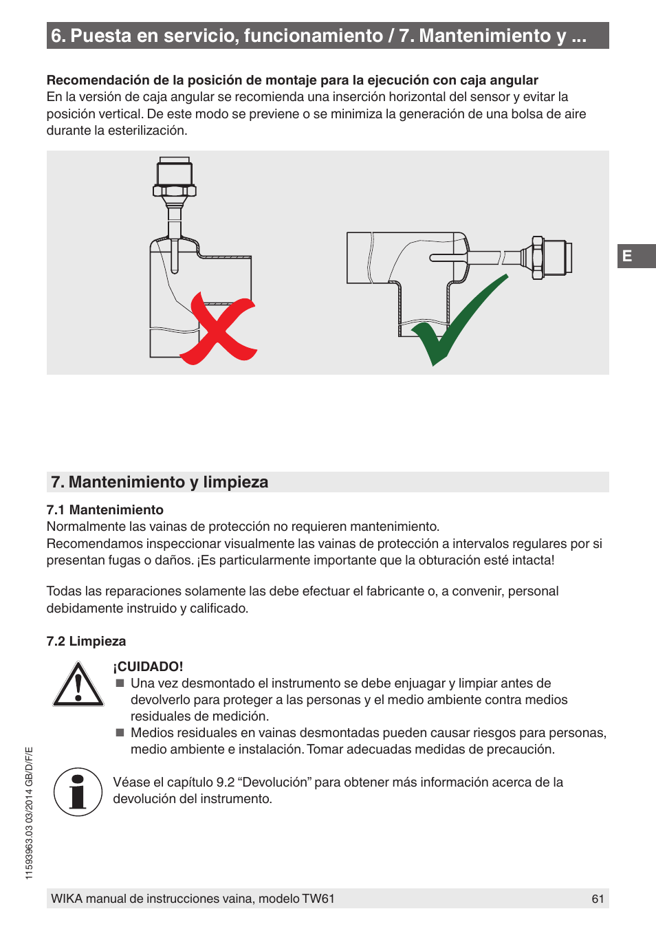 Mantenimiento y limpieza | WIKA TW61 User Manual | Page 61 / 68