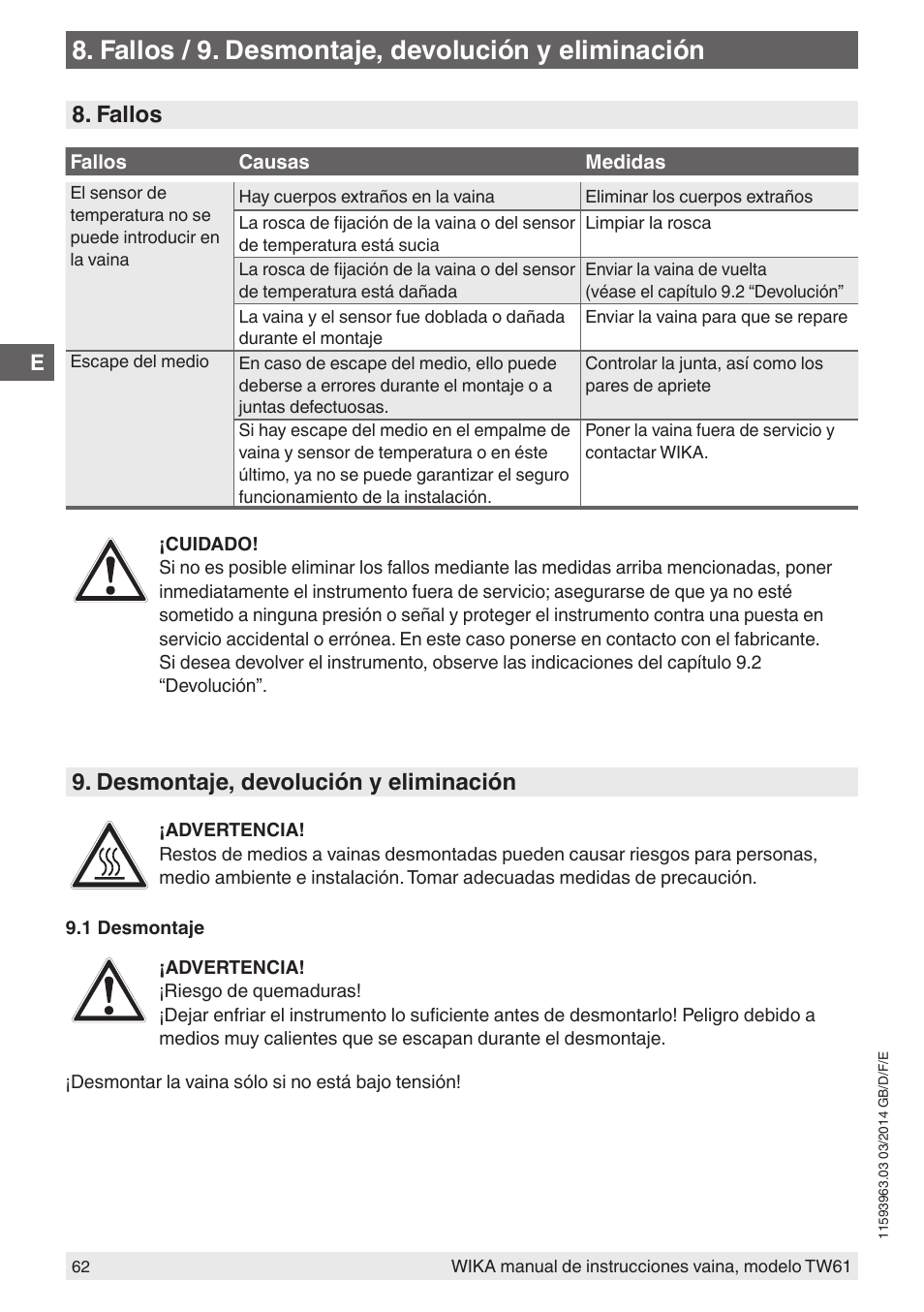 Fallos / 9. desmontaje, devolución y eliminación, Fallos, Desmontaje, devolución y eliminación | WIKA TW61 User Manual | Page 62 / 68