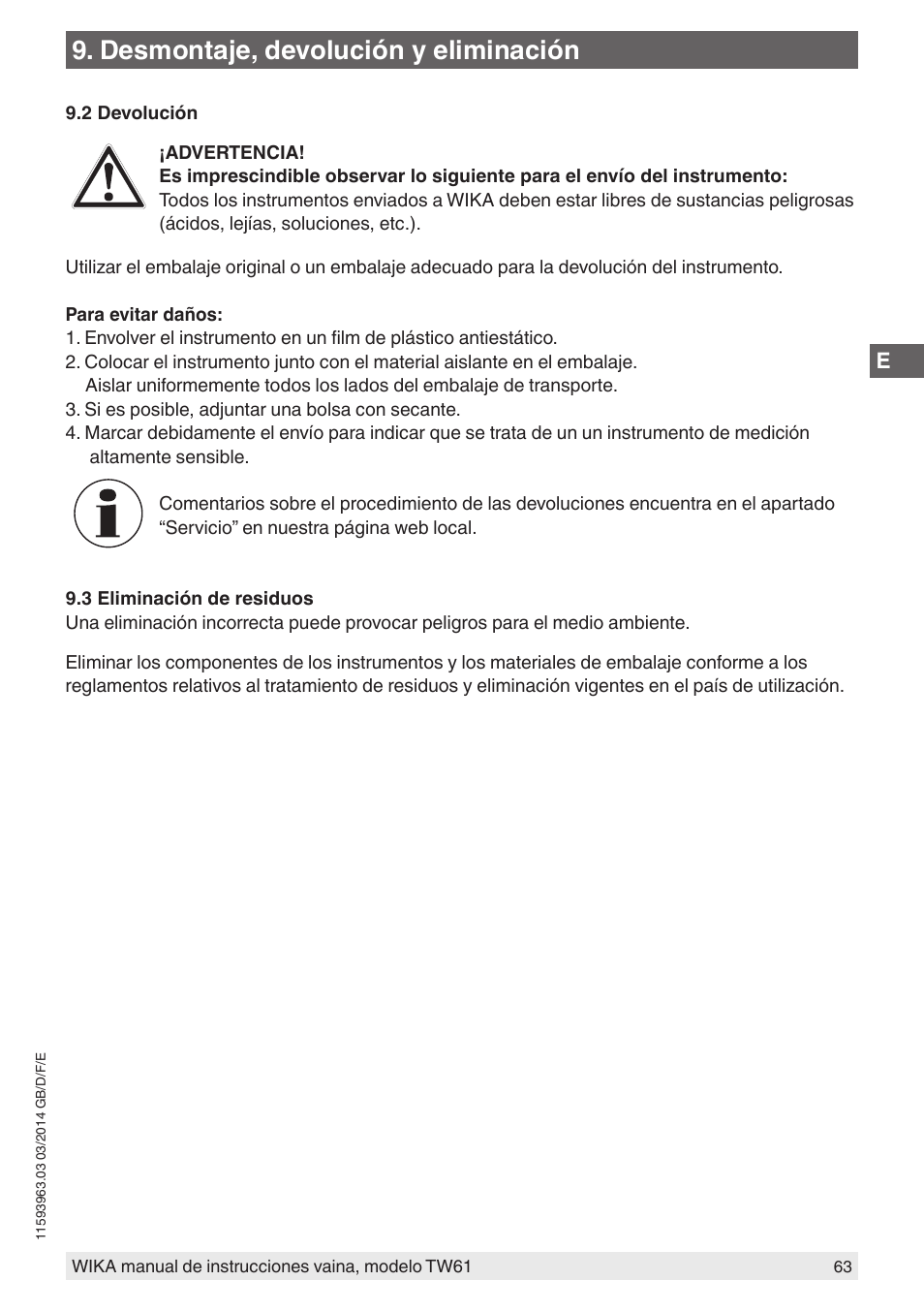 Desmontaje, devolución y eliminación | WIKA TW61 User Manual | Page 63 / 68