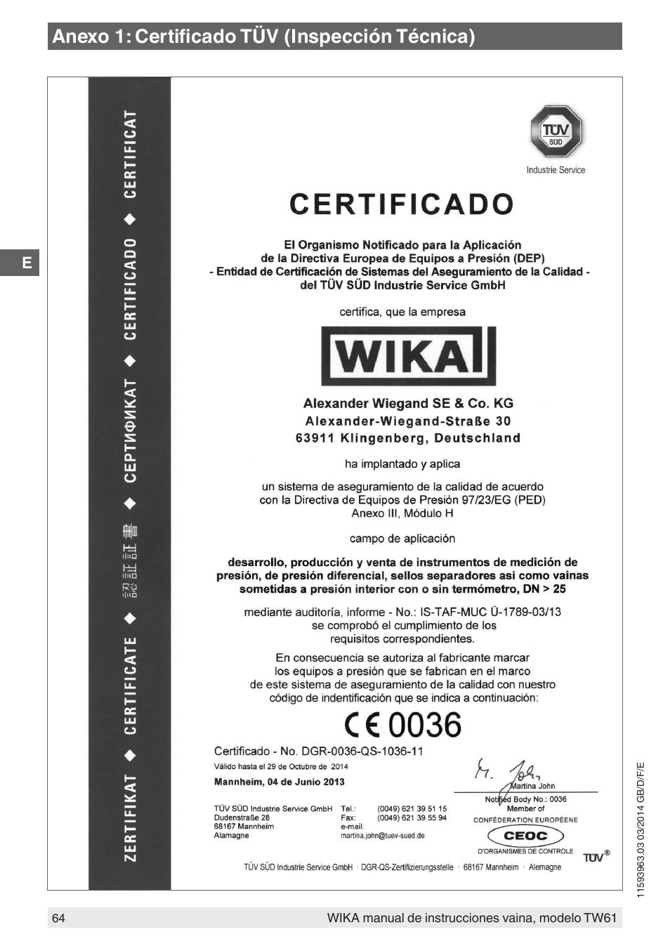 Anexo 1: certificado tüv (inspección técnica) | WIKA TW61 User Manual | Page 64 / 68