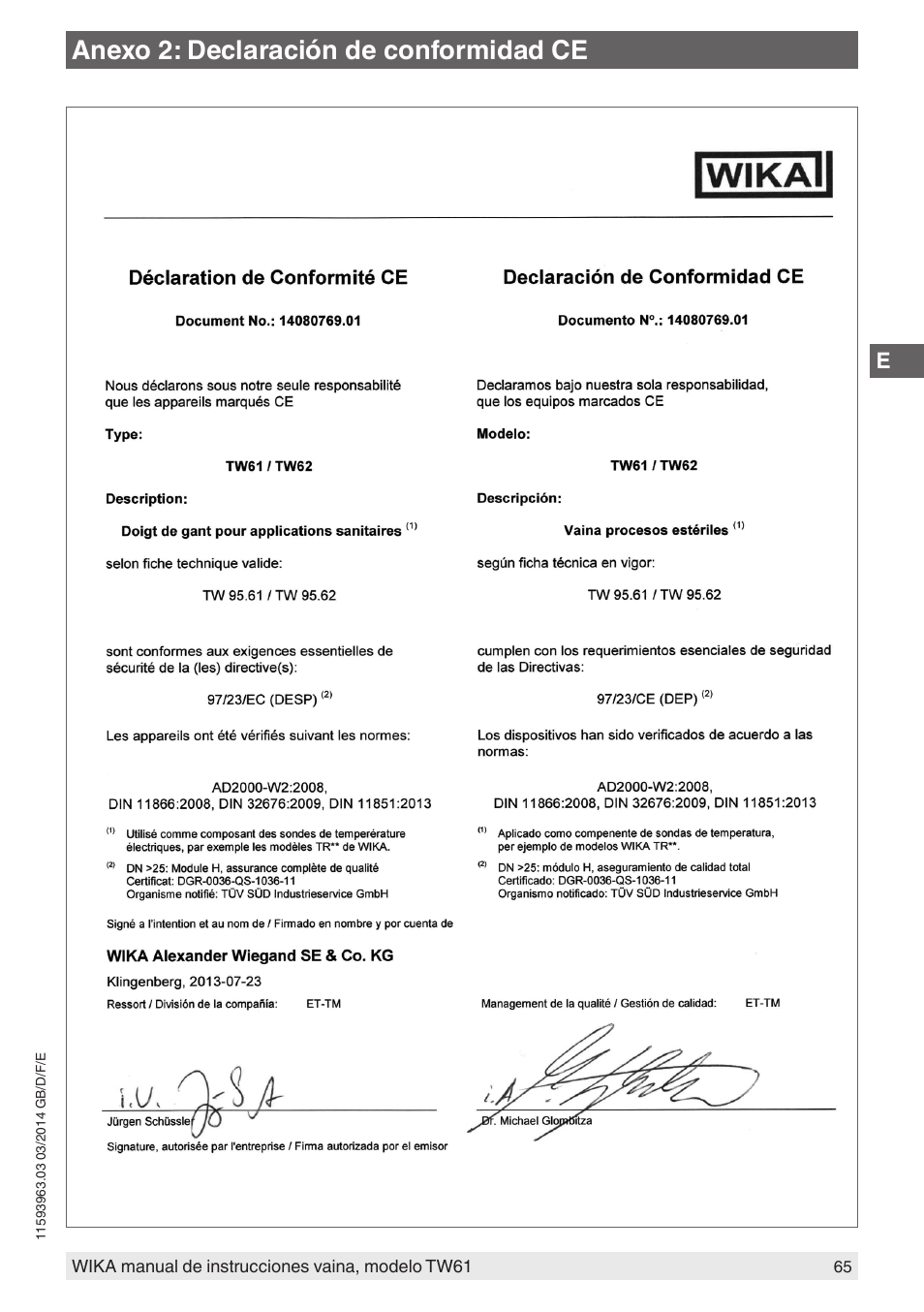 Anexo 2: declaración de conformidad ce | WIKA TW61 User Manual | Page 65 / 68