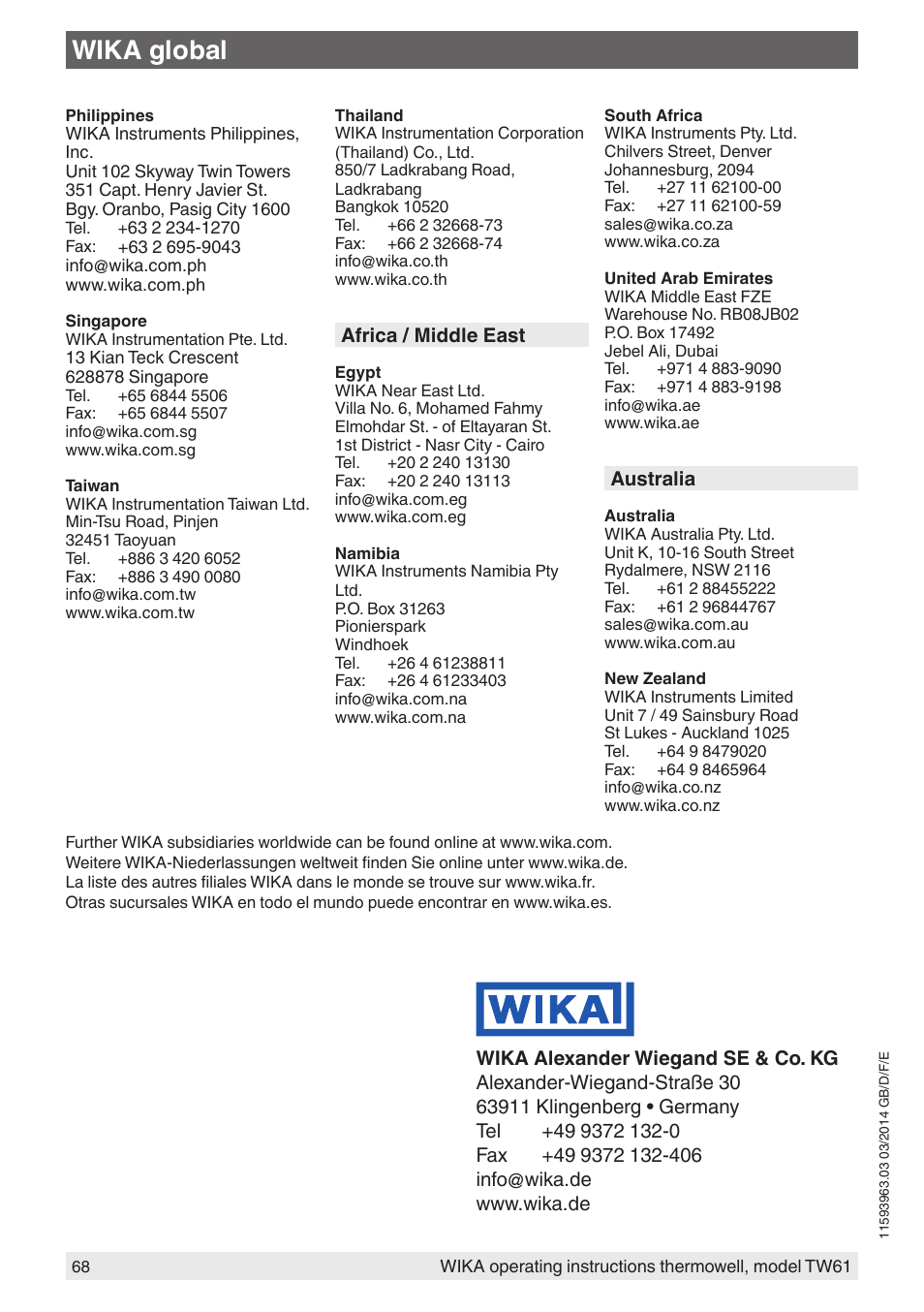 Wika global | WIKA TW61 User Manual | Page 68 / 68