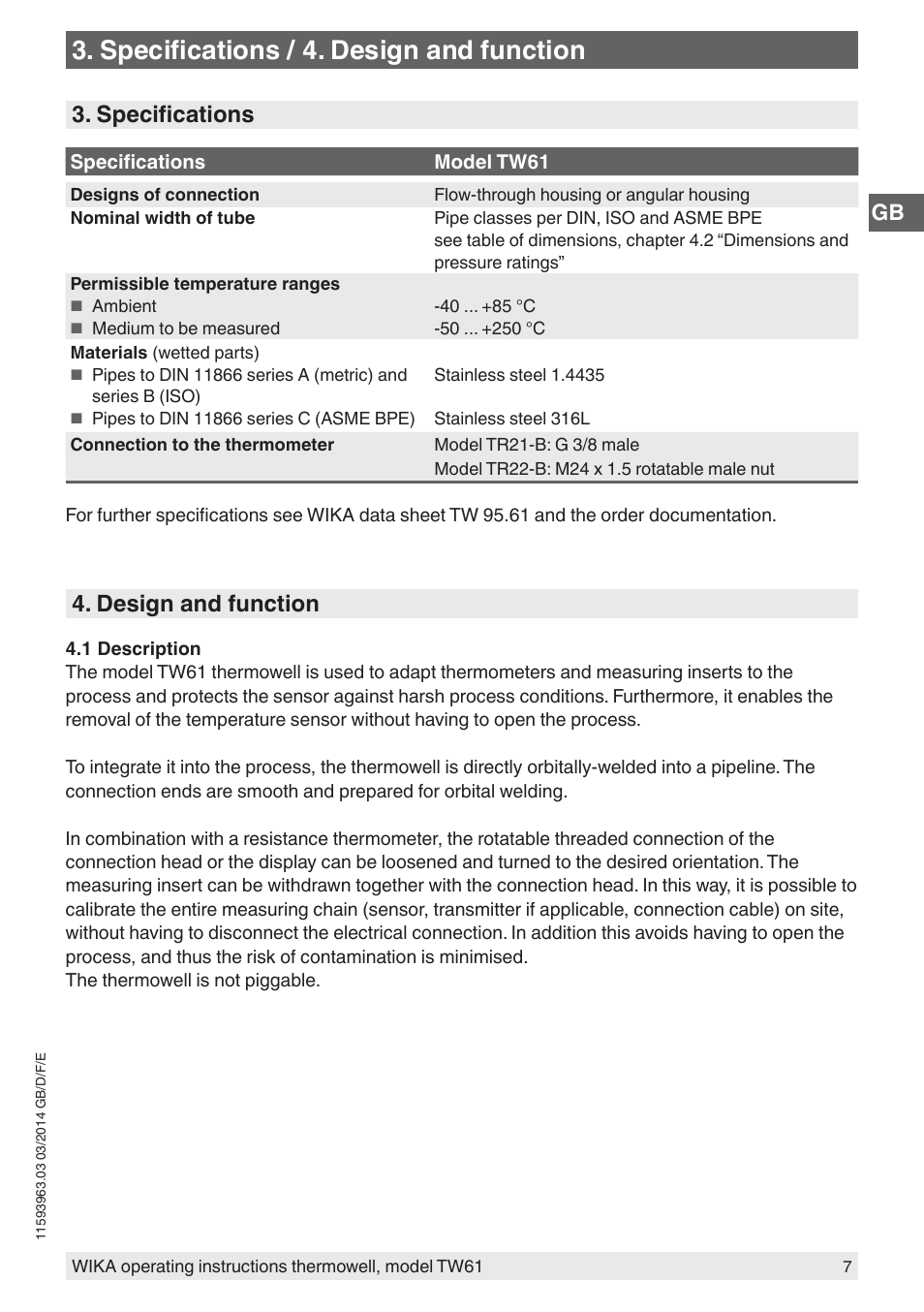 Specifications / 4. design and function, Specifications, Design and function | WIKA TW61 User Manual | Page 7 / 68