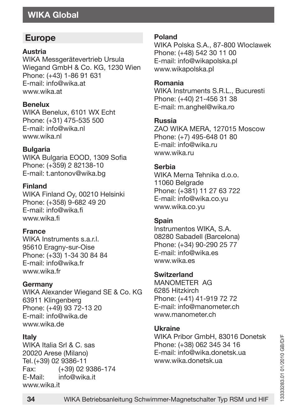 Europe, Wika global | WIKA HIF User Manual | Page 34 / 36