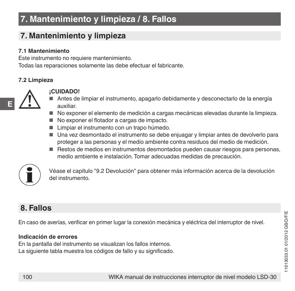 Mantenimiento y limpieza / 8. fallos, Mantenimiento y limpieza, Fallos | WIKA LSD-30 User Manual | Page 100 / 104