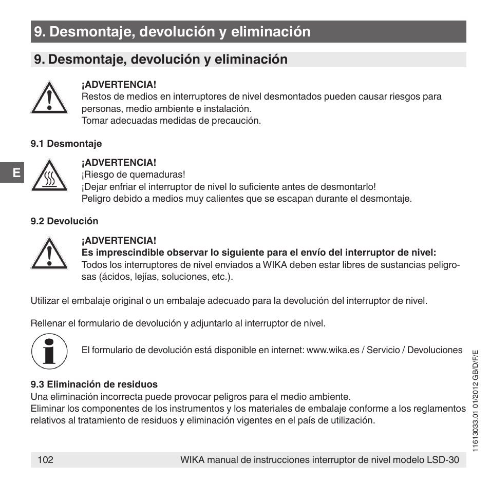 Desmontaje, devolución y eliminación | WIKA LSD-30 User Manual | Page 102 / 104