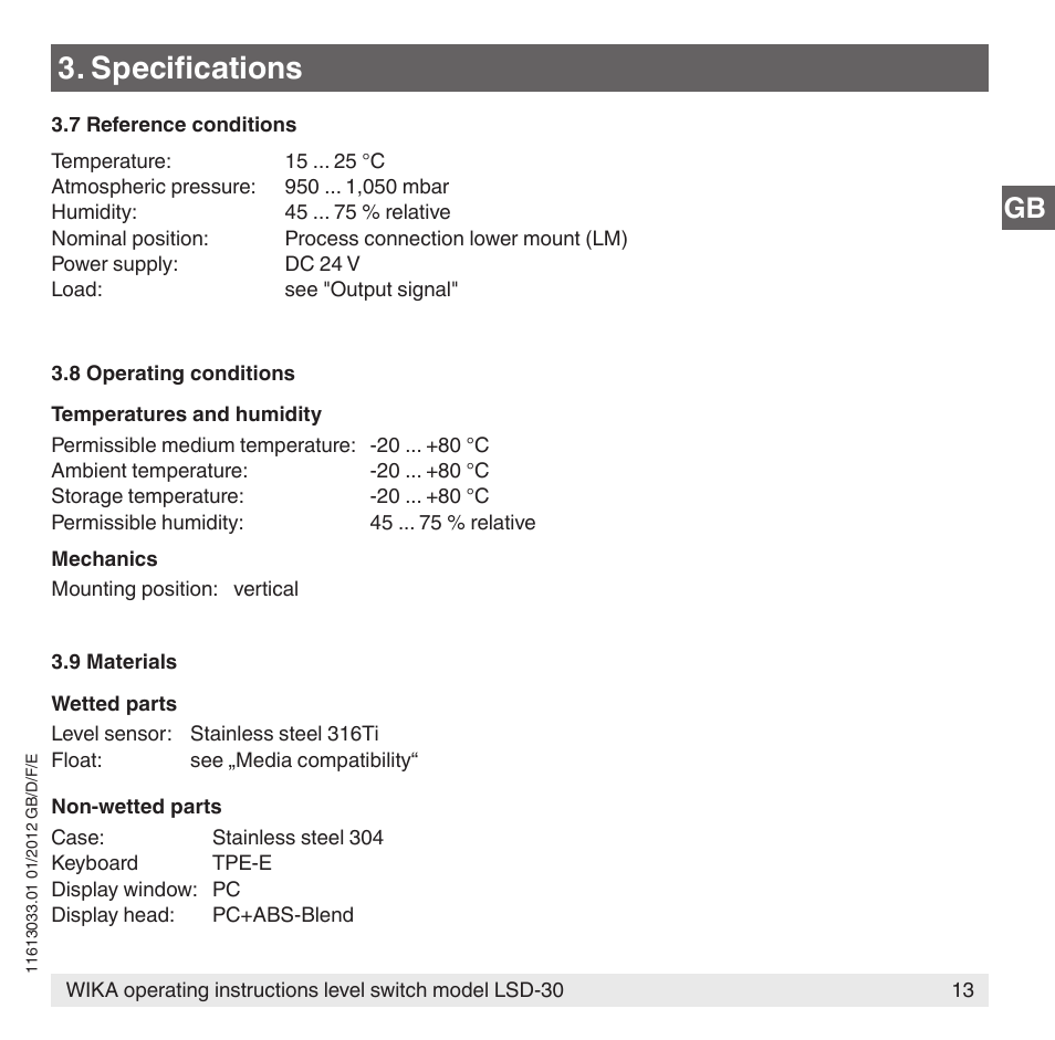 Specifications | WIKA LSD-30 User Manual | Page 13 / 104