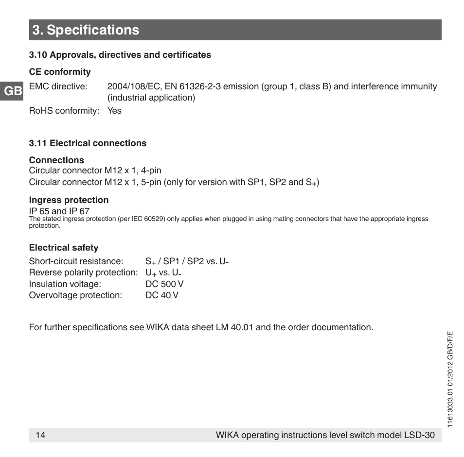 Specifications | WIKA LSD-30 User Manual | Page 14 / 104