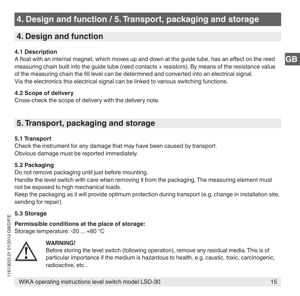 Design and function, Transport, packaging and storage | WIKA LSD-30 User Manual | Page 15 / 104