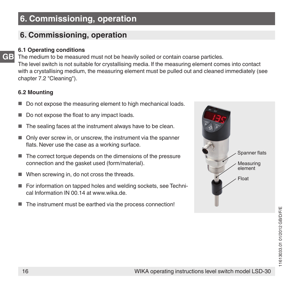 Commissioning, operation | WIKA LSD-30 User Manual | Page 16 / 104