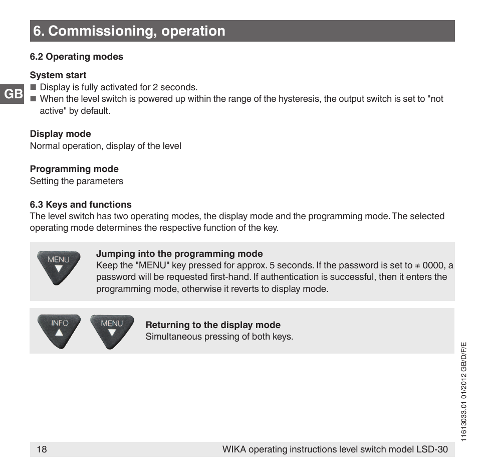 Commissioning, operation | WIKA LSD-30 User Manual | Page 18 / 104