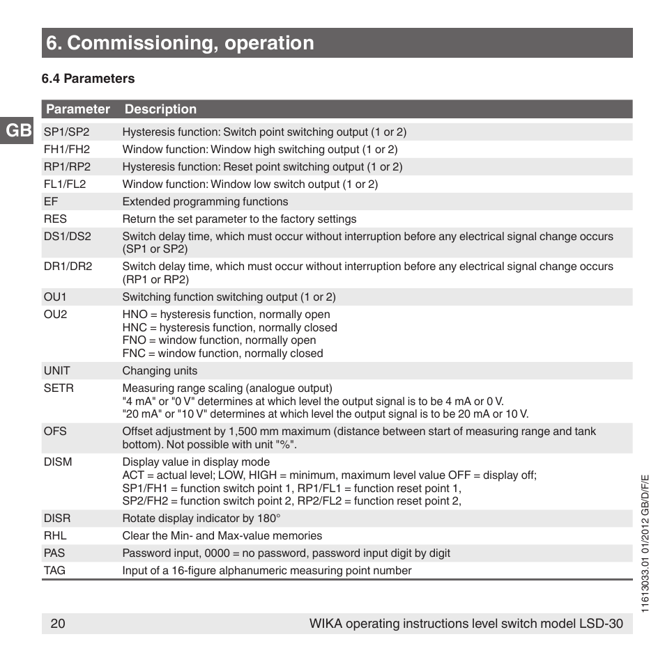 Commissioning, operation | WIKA LSD-30 User Manual | Page 20 / 104