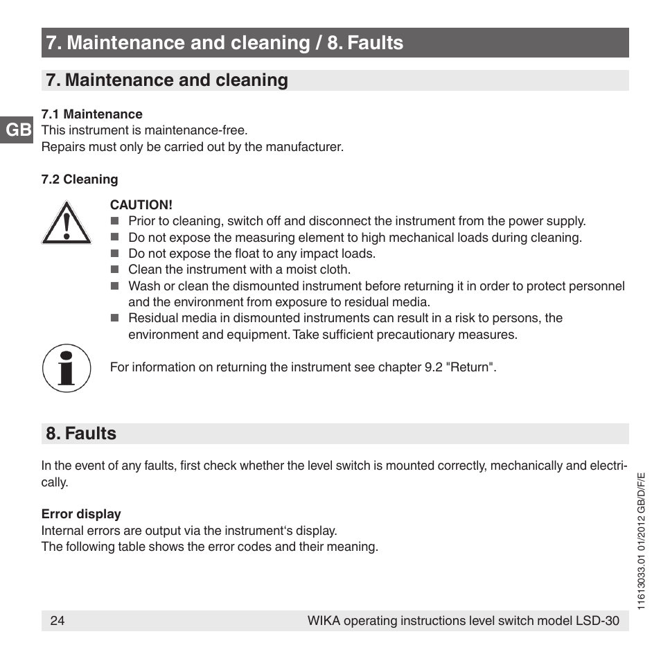 Maintenance and cleaning / 8. faults, Maintenance and cleaning, Faults | WIKA LSD-30 User Manual | Page 24 / 104
