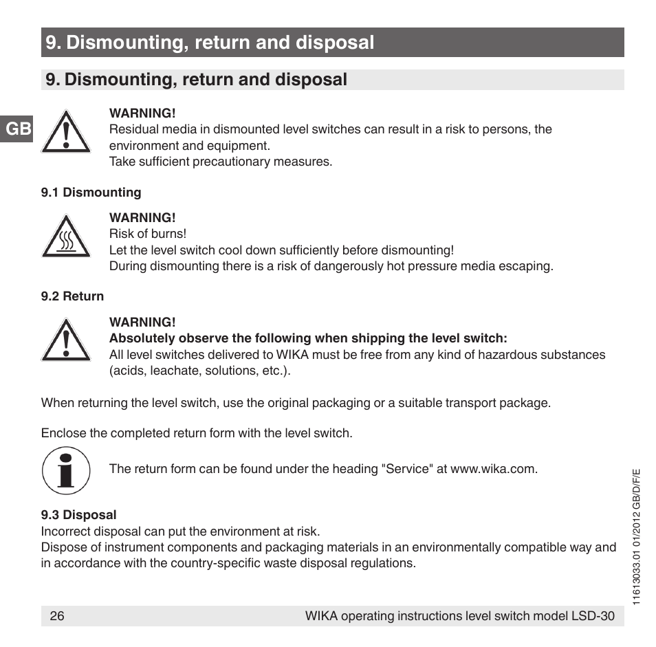 Dismounting, return and disposal | WIKA LSD-30 User Manual | Page 26 / 104