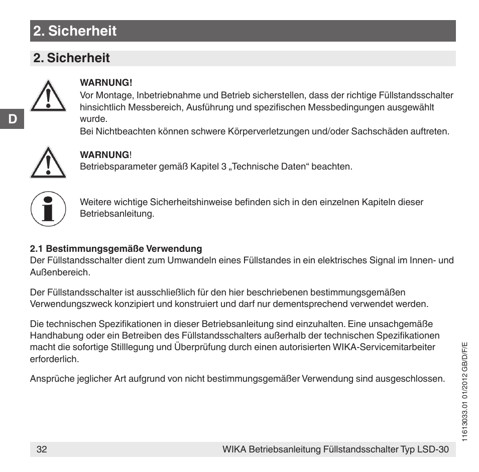 Sicherheit | WIKA LSD-30 User Manual | Page 32 / 104