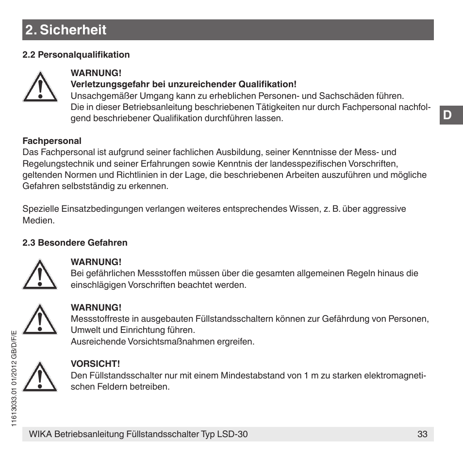 Sicherheit | WIKA LSD-30 User Manual | Page 33 / 104
