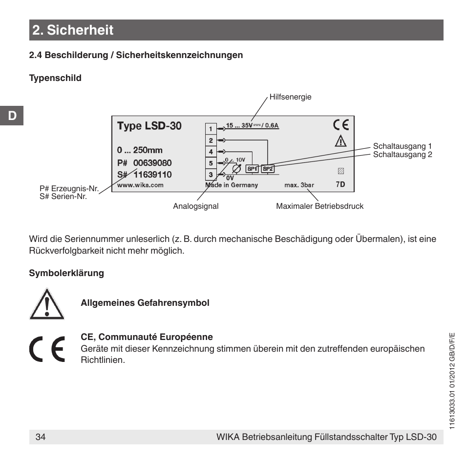 Sicherheit | WIKA LSD-30 User Manual | Page 34 / 104