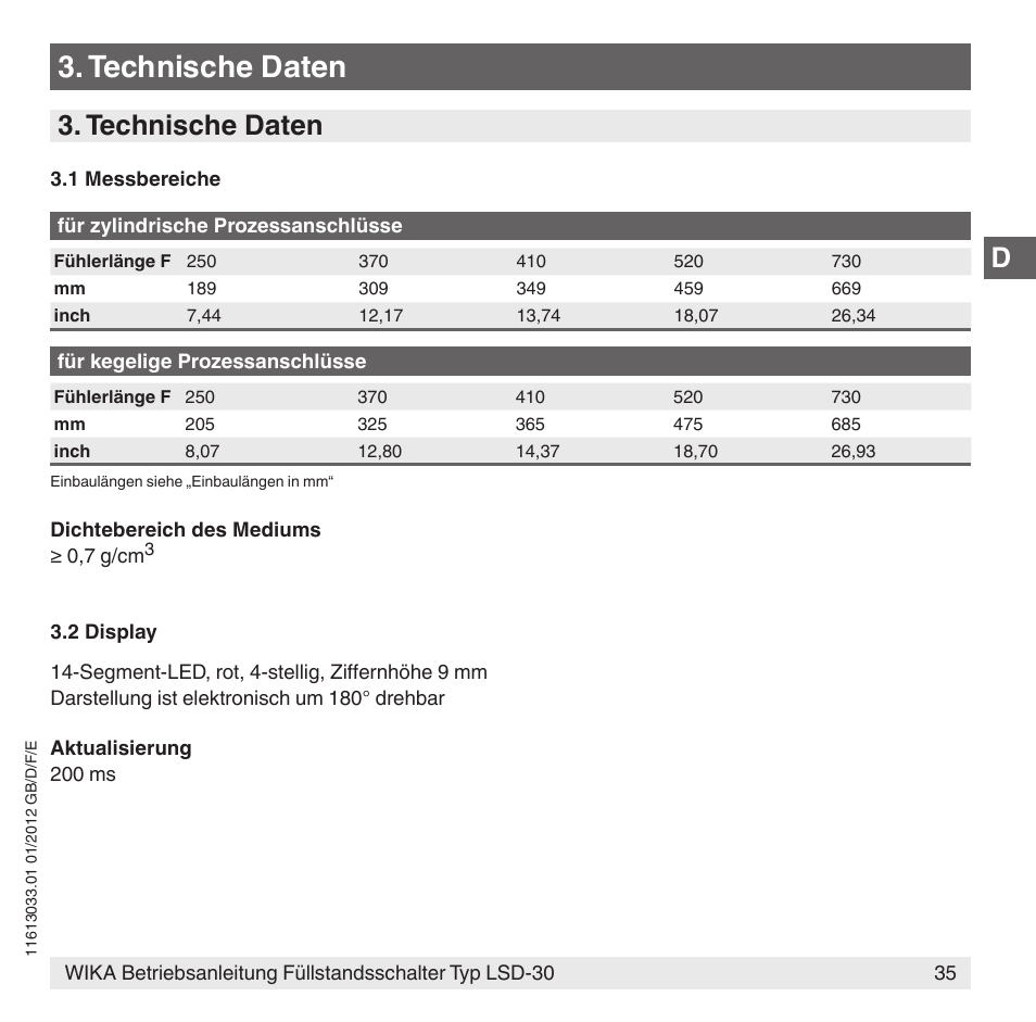 Technische daten | WIKA LSD-30 User Manual | Page 35 / 104