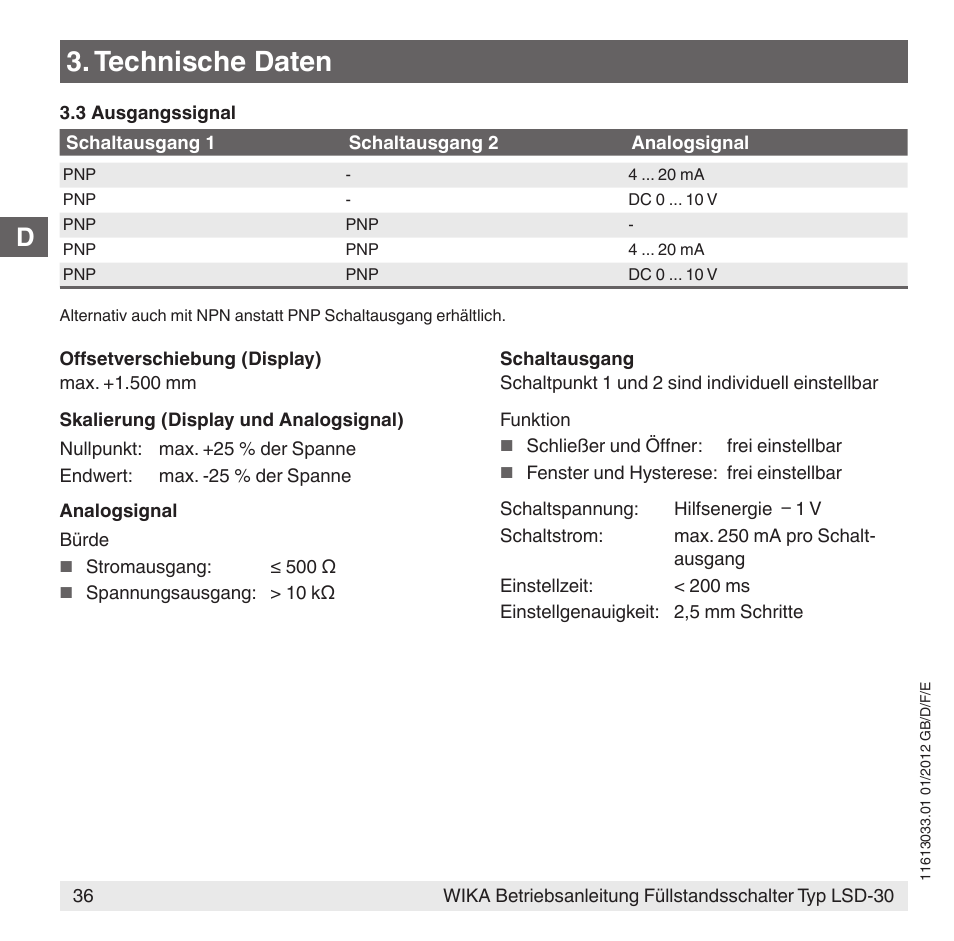 Technische daten | WIKA LSD-30 User Manual | Page 36 / 104