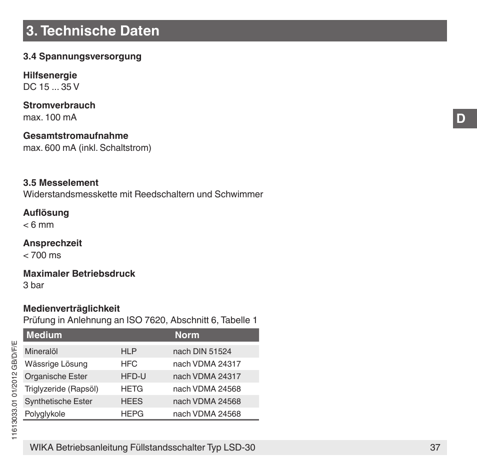 Technische daten | WIKA LSD-30 User Manual | Page 37 / 104