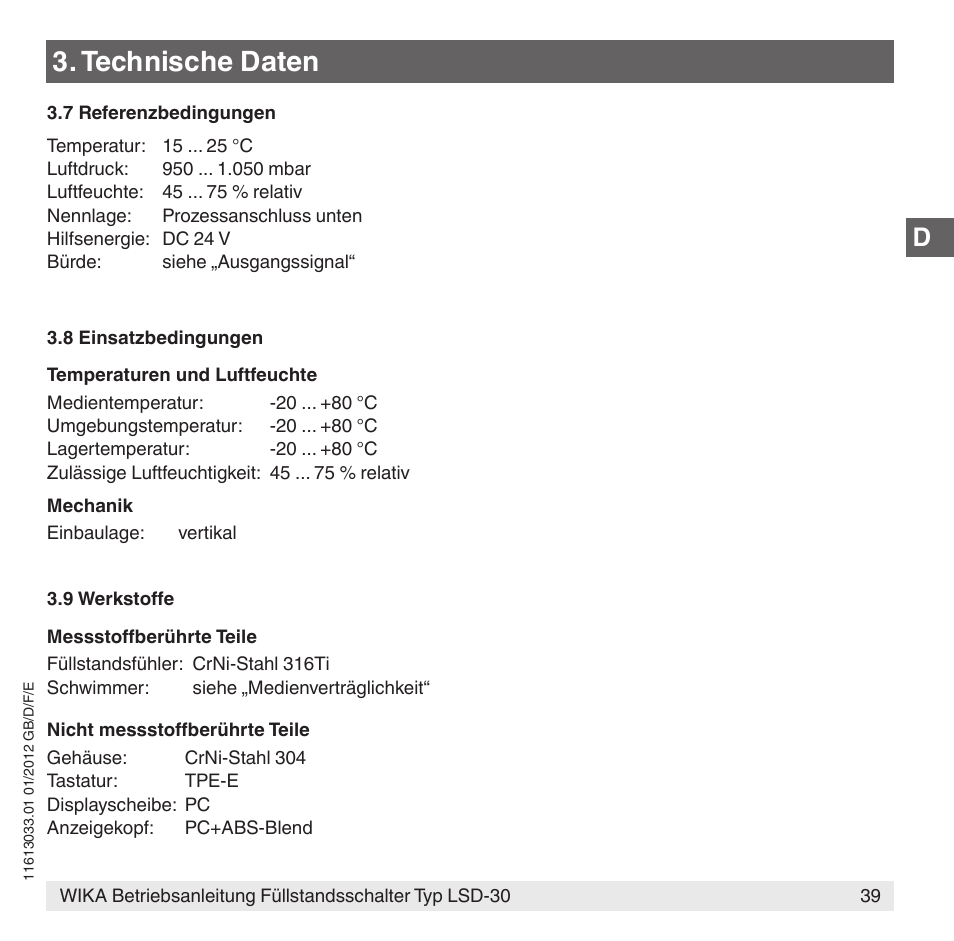 Technische daten | WIKA LSD-30 User Manual | Page 39 / 104