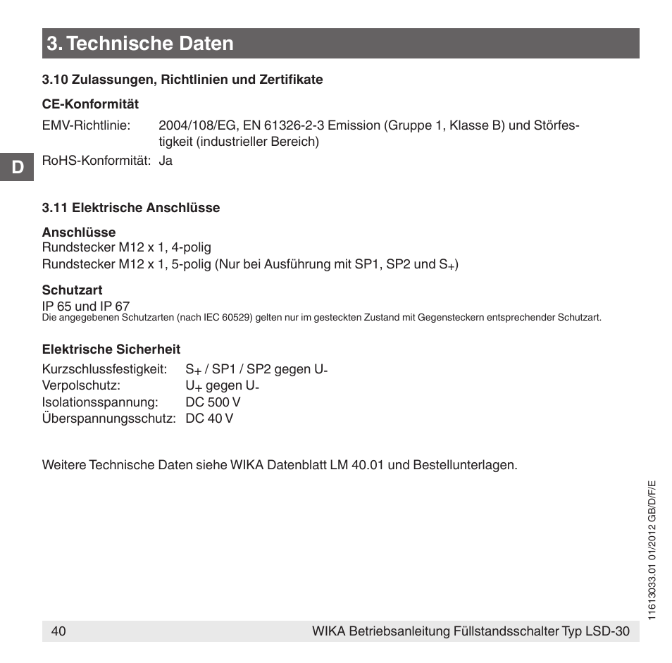 Technische daten | WIKA LSD-30 User Manual | Page 40 / 104