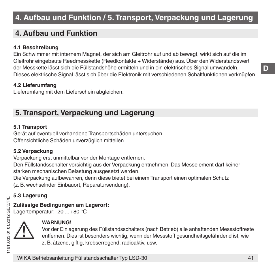 Aufbau und funktion, Transport, verpackung und lagerung | WIKA LSD-30 User Manual | Page 41 / 104