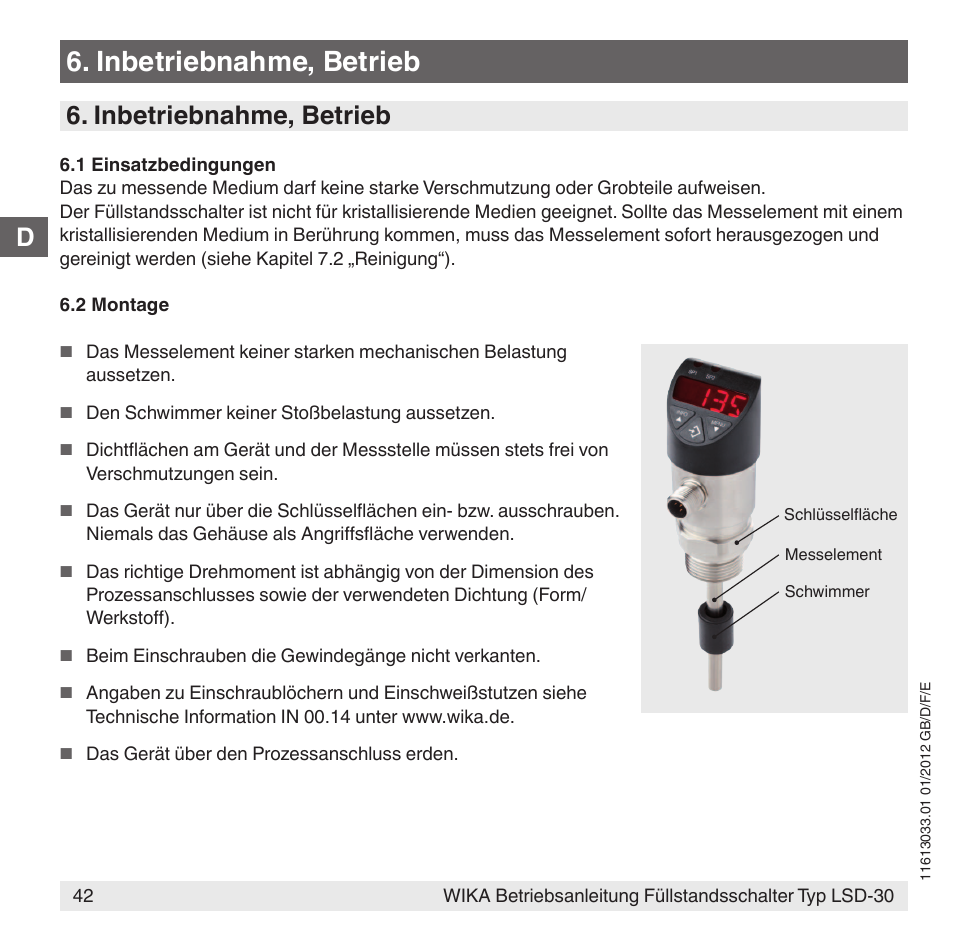 Inbetriebnahme, betrieb | WIKA LSD-30 User Manual | Page 42 / 104