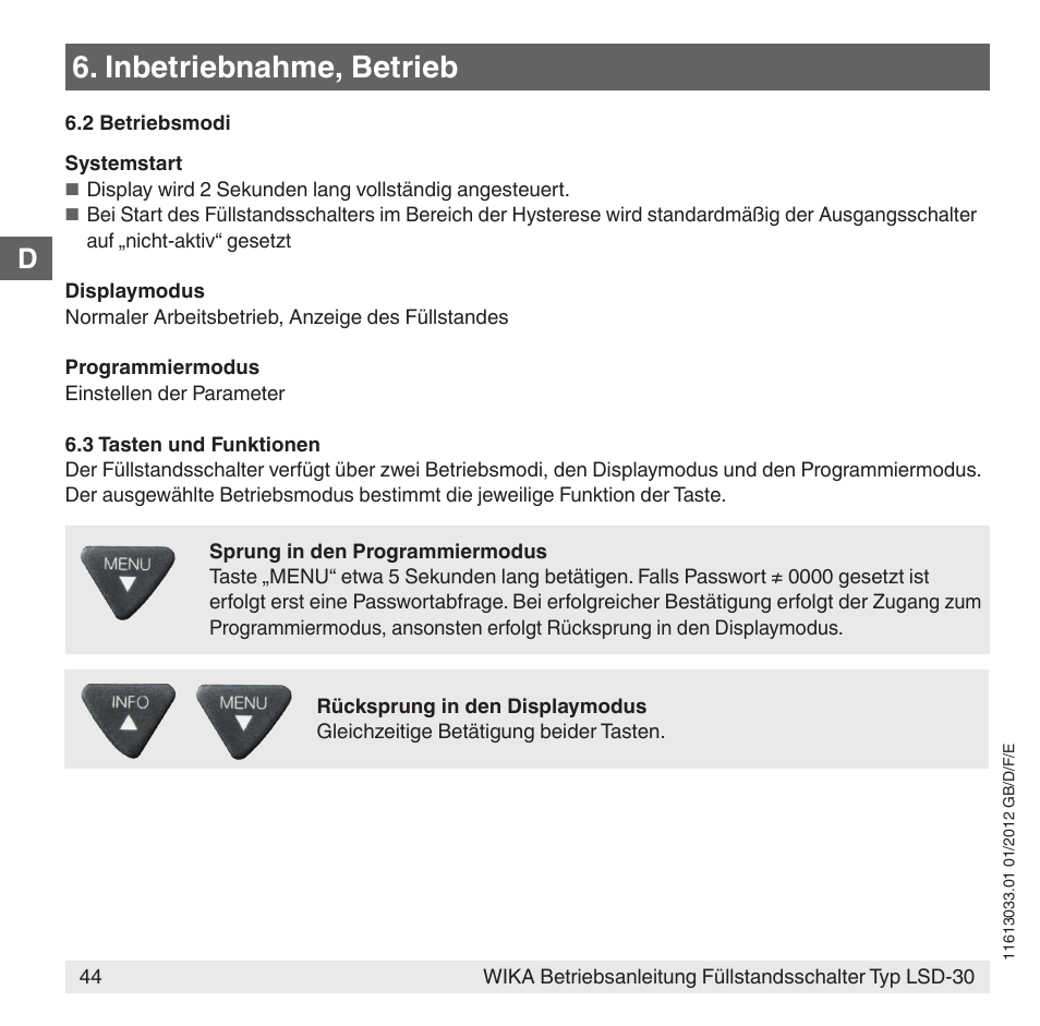 Inbetriebnahme, betrieb | WIKA LSD-30 User Manual | Page 44 / 104