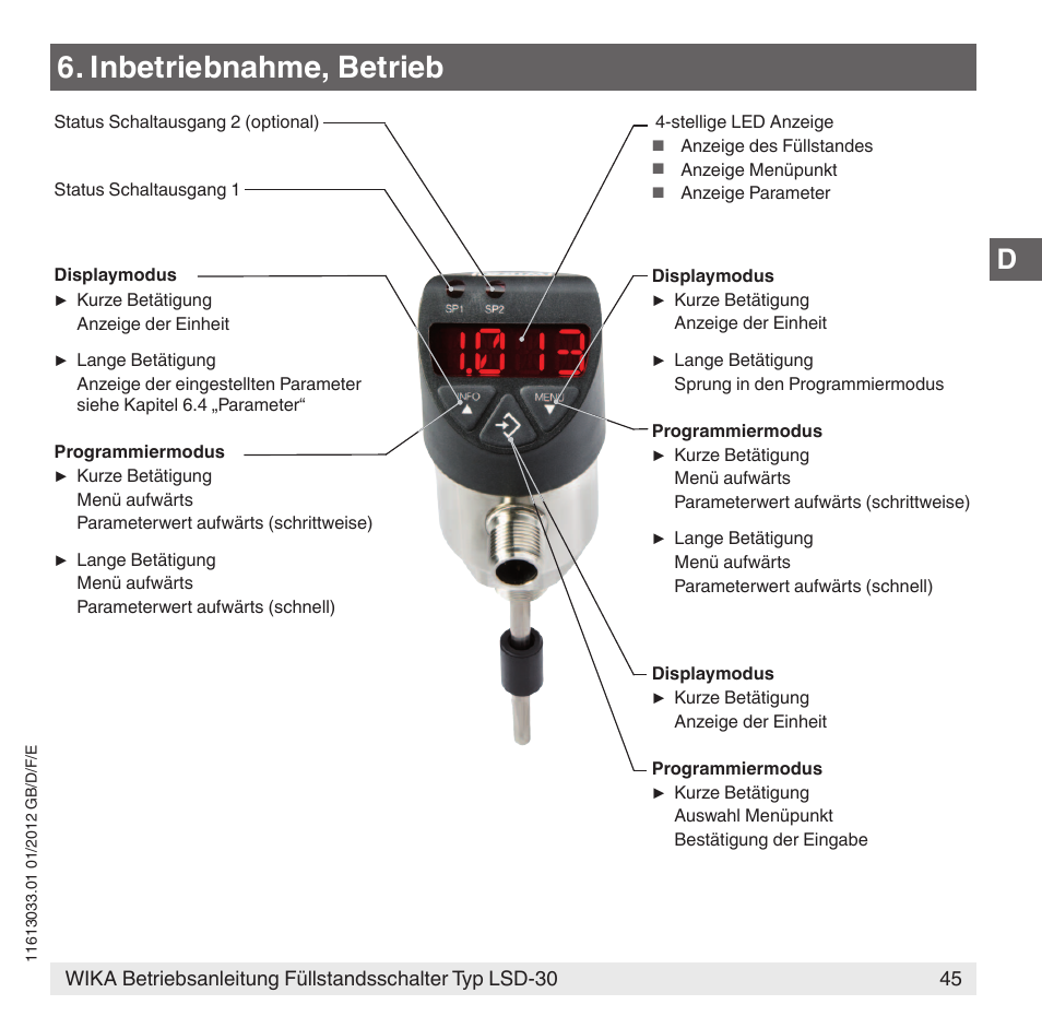 Inbetriebnahme, betrieb | WIKA LSD-30 User Manual | Page 45 / 104