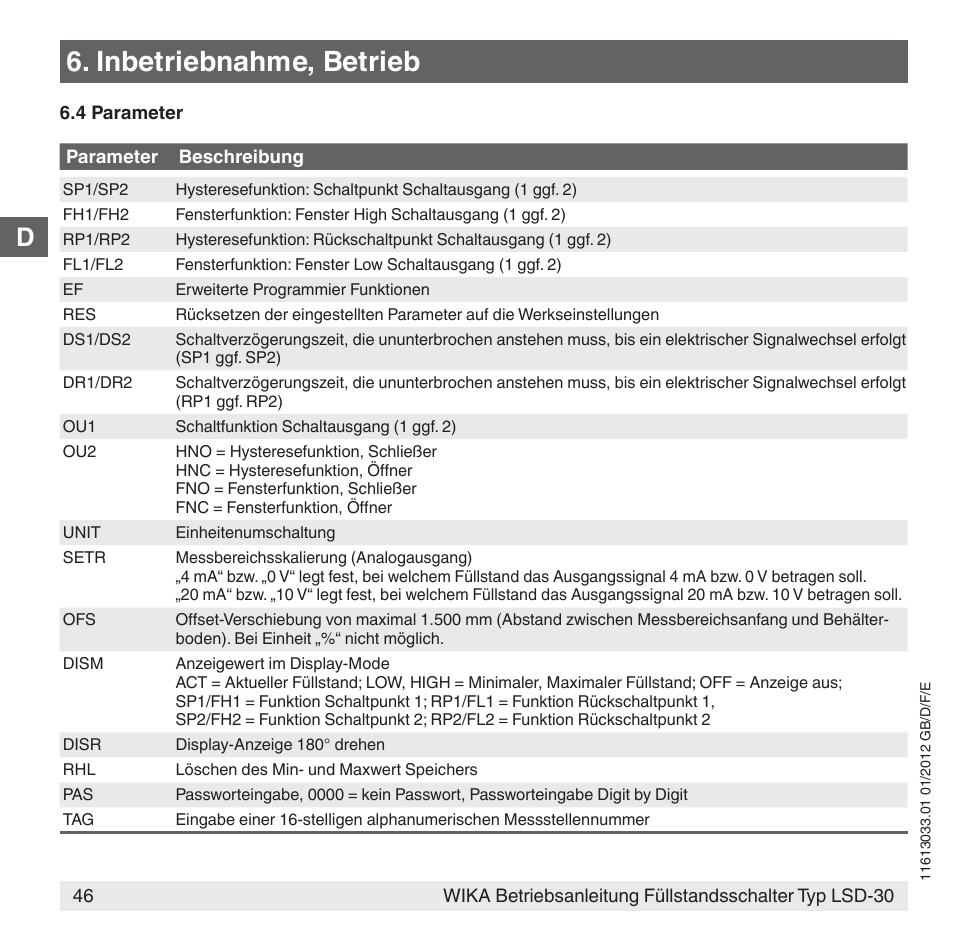 Inbetriebnahme, betrieb | WIKA LSD-30 User Manual | Page 46 / 104