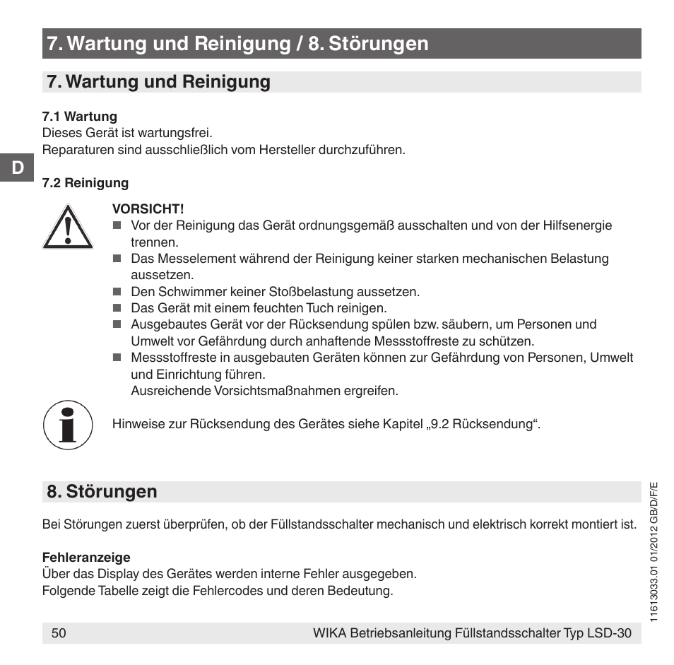 Wartung und reinigung / 8. störungen, Wartung und reinigung, Störungen | WIKA LSD-30 User Manual | Page 50 / 104