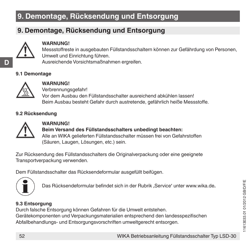 Demontage, rücksendung und entsorgung | WIKA LSD-30 User Manual | Page 52 / 104