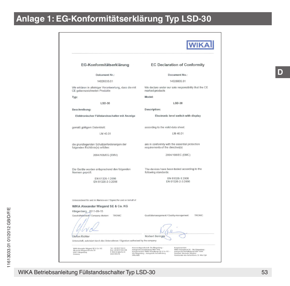 Anlage 1: eg-konformitätserklärung typ lsd-30 | WIKA LSD-30 User Manual | Page 53 / 104