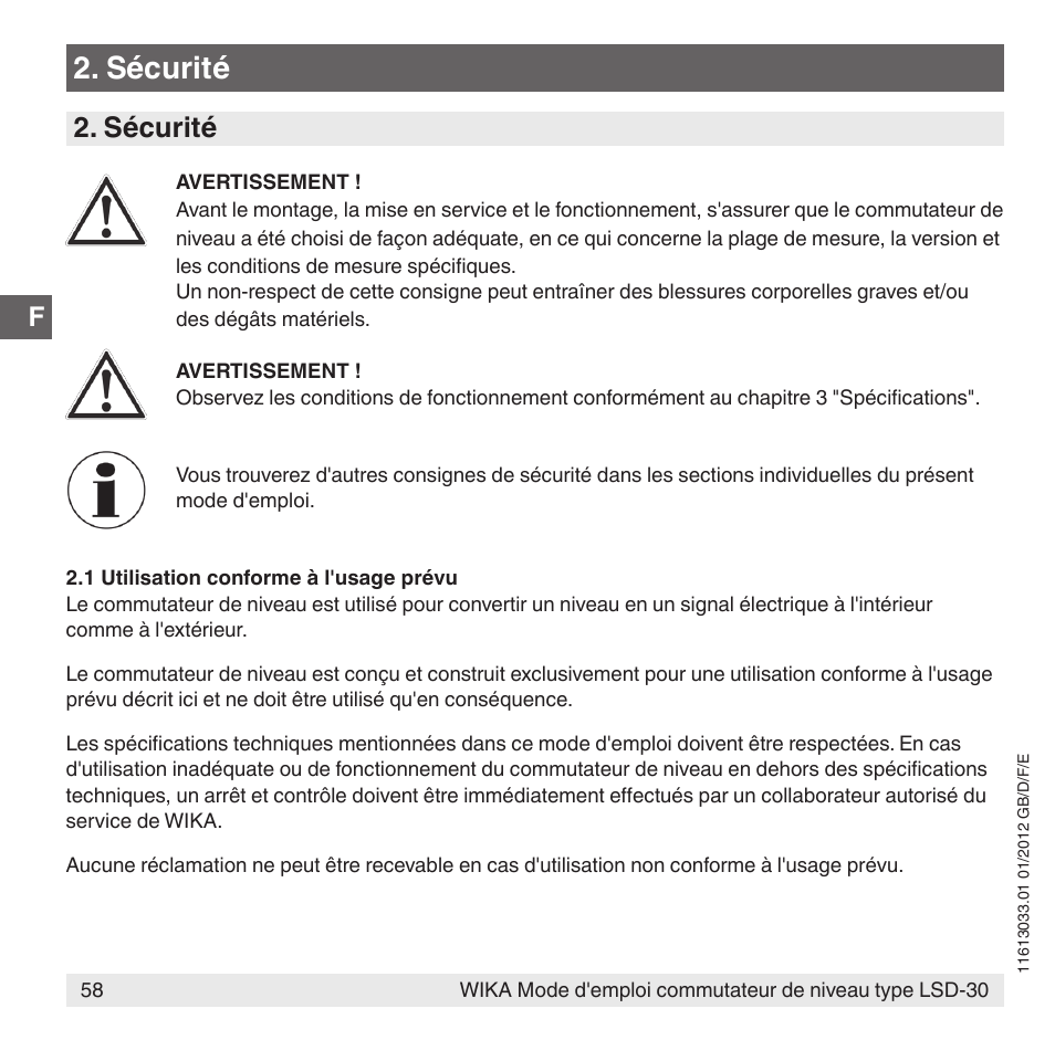 Sécurité | WIKA LSD-30 User Manual | Page 58 / 104