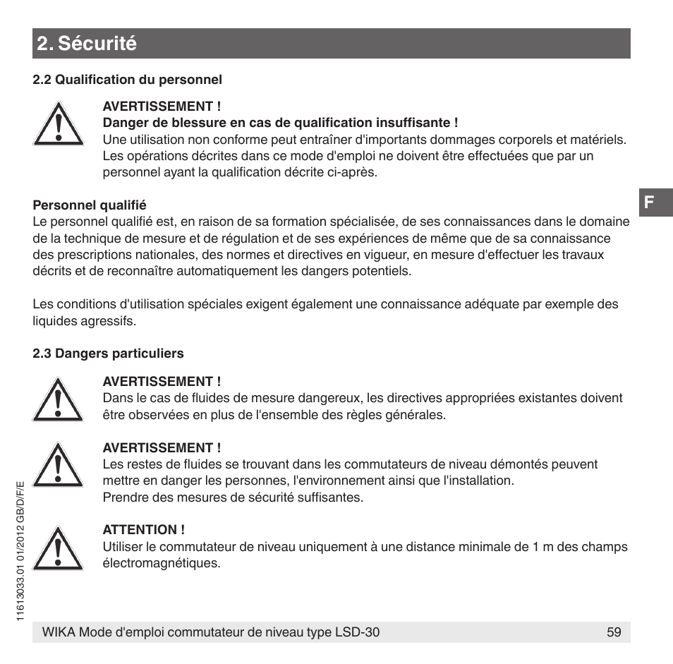 Sécurité | WIKA LSD-30 User Manual | Page 59 / 104