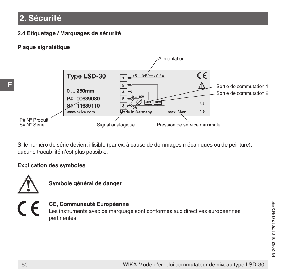 Sécurité | WIKA LSD-30 User Manual | Page 60 / 104