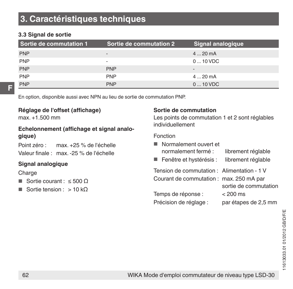 Caractéristiques techniques | WIKA LSD-30 User Manual | Page 62 / 104