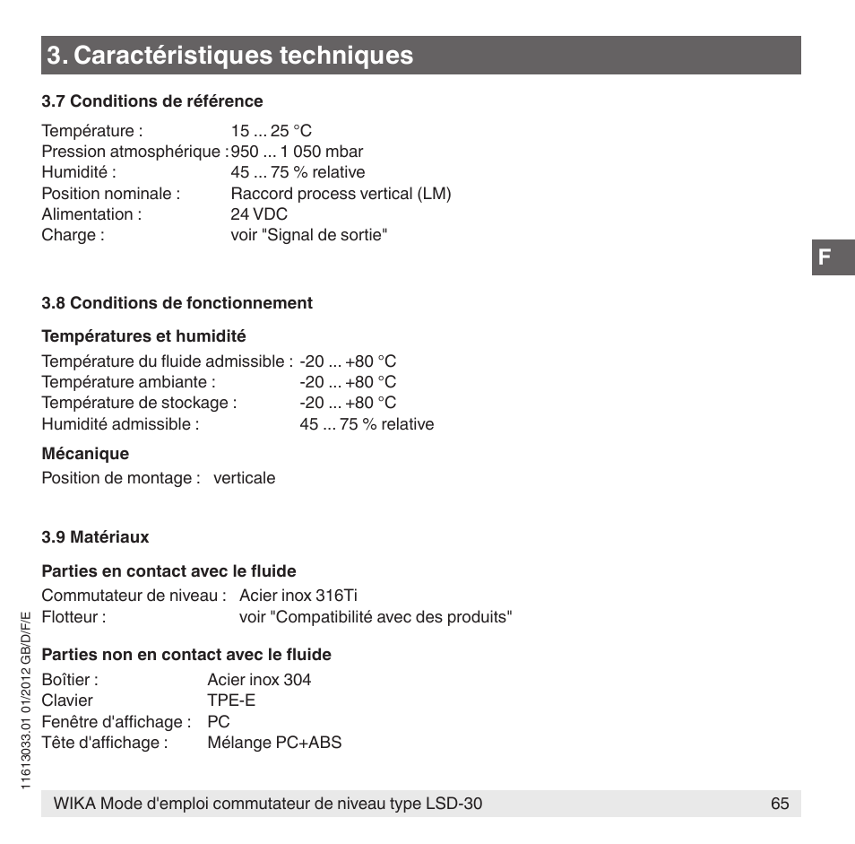 Caractéristiques techniques | WIKA LSD-30 User Manual | Page 65 / 104