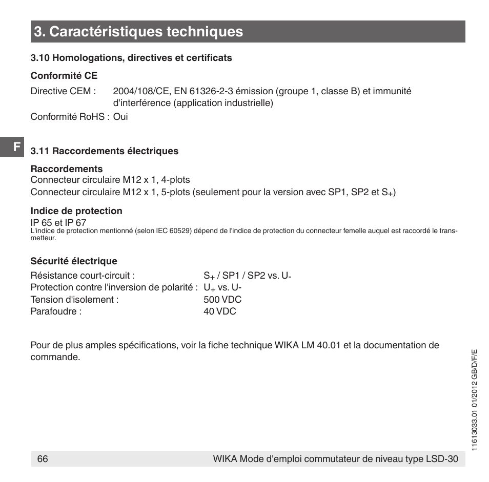 Caractéristiques techniques | WIKA LSD-30 User Manual | Page 66 / 104