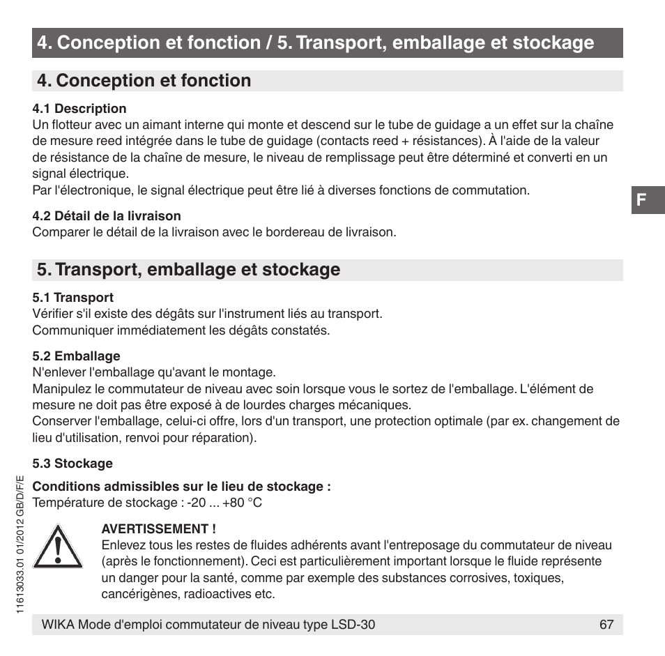 Conception et fonction, Transport, emballage et stockage | WIKA LSD-30 User Manual | Page 67 / 104